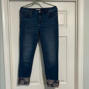 LOFT Dark Blue Cropped Jeans with Floral Cuff Detail
